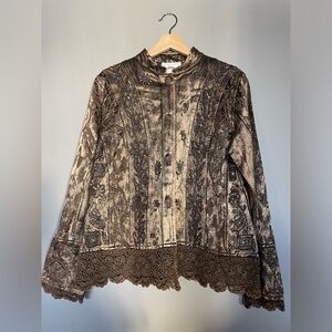 Vintage Metallic Bronze Lace-Trim Button Front Jacket